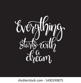 Hand drawn words. Brush pen lettering with phrase Everything starts with a dream