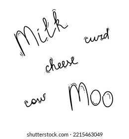 hand drawn words milk moo cheese cow curd