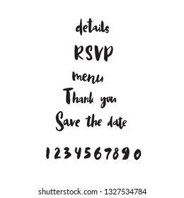 Hand drawn words and numbers for wedding stationery, vector