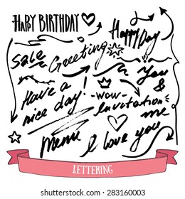 Hand drawn words, phrases and arrows. Vector lettering for invitation and greeting cards.