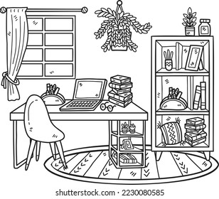 Hand Drawn Work desk with bookshelf and window interior room illustration isolated on background