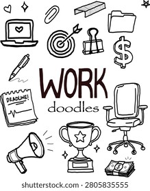 Hand Drawn Work Doodles Vector Set. Business and Office Line Icons Collection Featuring Laptop, Coffee Cup, Binder Clip, Light Bulb, Folder, Clock, Pen, Money, Award, Megaphone, Desk Chair, Deadline and Productivity Elements