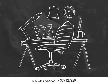 Hand drawn work place on black board. Vector illustration