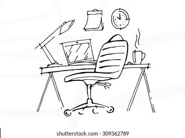Hand drawn work place on white background. Vector illustration