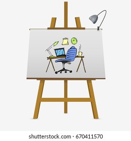 Hand drawn work place on easel. Vector illustration