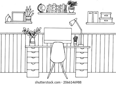 Hand drawn working room coloring book page. Vector stock illustration. Study room interior design, office space coloring page.