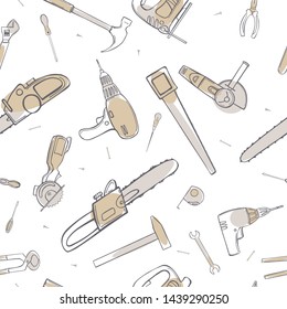 Hand drawn working tools. Vector  seamless pattern