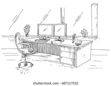 Hand Drawn Workplace Behind The Monitors. Working Table With Two Monitors, Office Chair. Vector Illustration Of A Sketch Style.