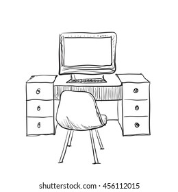 Hand drawn workplace. Chair and computer sketch