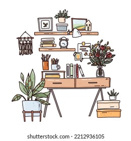 hand drawn workplace. cute vector illustration of home interior. illustration of desk, house plants and work things.