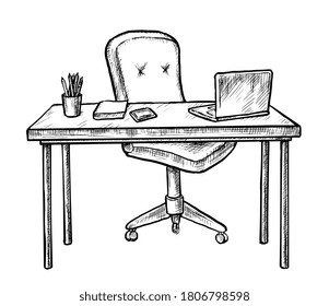 Hand drawn workplace. Sketch table desk with chair, computer laptop, notebook and stationary on white. Vector empty workplace home office room interior design. Workstation furniture illustration