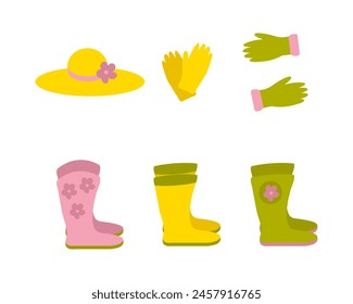 Hand drawn workwear for gardening clipart collection. Clothes for the garden flat set. Vector illustration isolated on white background.


