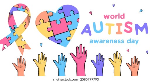 hand drawn world autism awareness day horizontal banner illustration