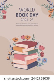 Plantilla de póster vertical dibujada a mano del día del libro del mundo. Lean más libros. Set para los amantes de los libros. Varios libros, pila de libros, cuadernos. Ilustración de vector