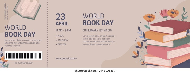 Hand drawn world book day celebration ticket template. Read more books. Set for book lovers. Various books, stack of books, notebooks. Vector illustration