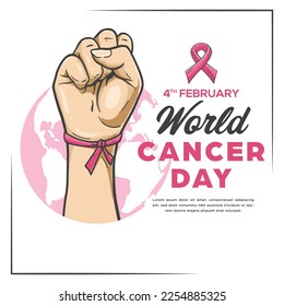 Hand drawn world cancer day vector design with hand holding ribbon illustration for campaign