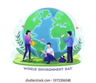 Hand Drawn World Environment Day With People Are Gardening And Cleaning The Earth. Save The Planet Flat Vector Illustration