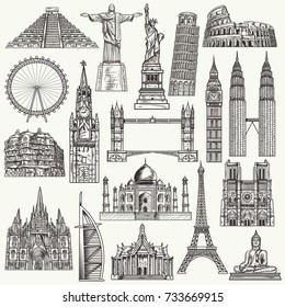 Hand Drawn World Famous Monuments. Travel And Tourism Vector Illustration