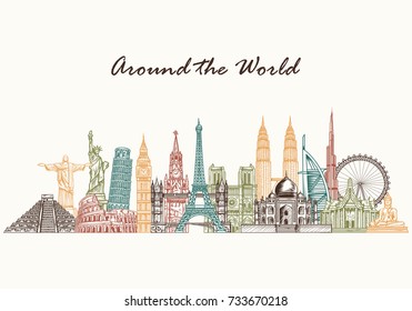 Hand drawn world famous monuments. Travel and tourism background.Vector illustration