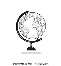 Hand drawn world globe vector illustration. Vector design element. Isolated on white background. Earth map globe illustration. Education concept illustration. Engraving Style earth map sketch.