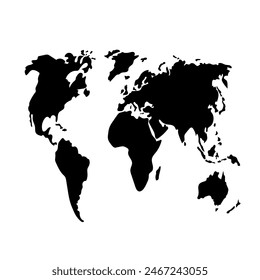 Hand drawn world map. Black silhouette, continent geography. Vector isolated on white background 