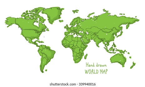 Mapa del mundo dibujado a mano adornado con un estilo de caricatura infantil que recorre los países