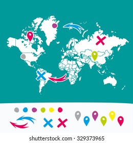Hand drawn world map with pins and arrows vector design. Cartoon style atlas illustration. Travel around the world poster