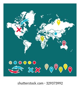 Hand drawn world map with pins and arrows vector design. Cartoon style atlas illustration. Travel around the world poster