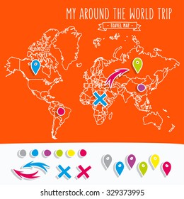 Hand drawn world map with pins and arrows vector design. Cartoon style atlas illustration. Travel around the world poster