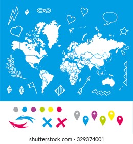Hand drawn world map with pins and arrows vector design. Cartoon style atlas illustration. Travel around the world poster