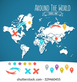 Hand drawn world map with pins and arrows vector design. Cartoon style atlas illustration. Travel around the world poster