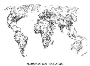 Hand drawn world map, sketch of planet earth atlas. North and South America, Africa and Eurasia, Australia and Antarctica continents and world ocean. Globe wallpaper. Travel and geography theme