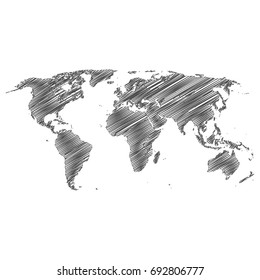 Hand drawn world map sketch on white background.