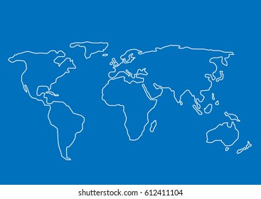 Hand drawn World map. White contour on blue background