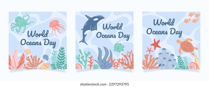 Hand drawn world oceans day instagram posts collection. Sea inhabitants, shells and corals on blue water abstract background with waves.