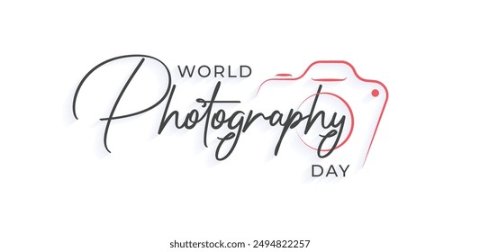 Hand Drawn World Photography Day Text Typography with Camera Icon. Photography Logo, Emblem, Design Elements, Greeting Card, Cover, Banner Background Design. Vector Template