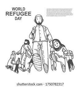 Hand drawn world refugee day with father and daughter walking  Vector illustration