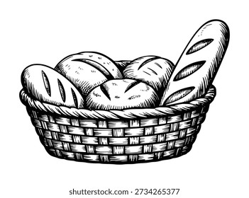 Hand drawn of a woven basket filled with various loaves of bread and baguettes loaf food