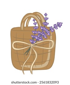 Hand drawn woven basket with lavender flowers tied with a ribbon design