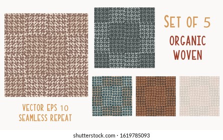 Hand drawn woven linen texture seamless pattern. Vector doodle organic criss cross weave marks background. Loose squiggle line fabric abstract. Natural homespun earth brown textile all over print set