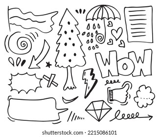 Hand drawn wow text, Arrow, heart, love, star, rain, emphasis ,swirl for concept design.