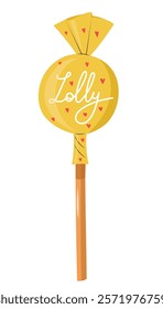 Hand drawn wrapped lollipop candy on the stick. Editable stroke for text. Cute cartoon design bonbon sweets. Isolated vector illustration