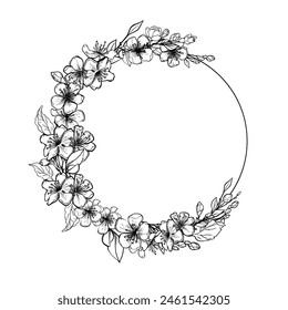 Hand drawn wreath of apple flowers. Round frame decorated with flowers and leaves, vintage engraving, vector illustration for anniversary, wedding, card.