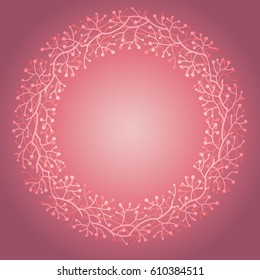 Hand drawn wreath with berries and branches. Round frame for cards, invitations and design. Vector illustration in soft red colors for background.