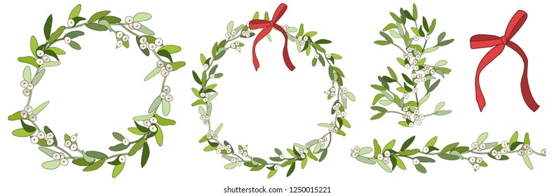 Hand drawn wreath, border and holiday elements with mistletoe. Vector round frame for Christmas cards and winter design. 