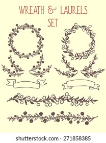 Hand drawn wreath, borders and laurels graphic set made in vector. Beautiful floral design elements.