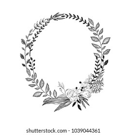 Hand drawn Wreath of branches with flower Freesia. Vector floral illustration in vintage style for your text.