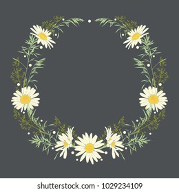 Hand drawn wreath with camomile and herbs. Spring summer decor frame. Vector illustration. Design element for invitations, greeting cards, cosmetic and other.