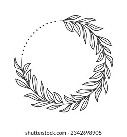 Hand drawn wreath circular vector art black and white. Circle leaf wreath vector
