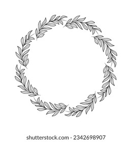 Hand drawn wreath circular vector art black and white. Circle leaf wreath vector